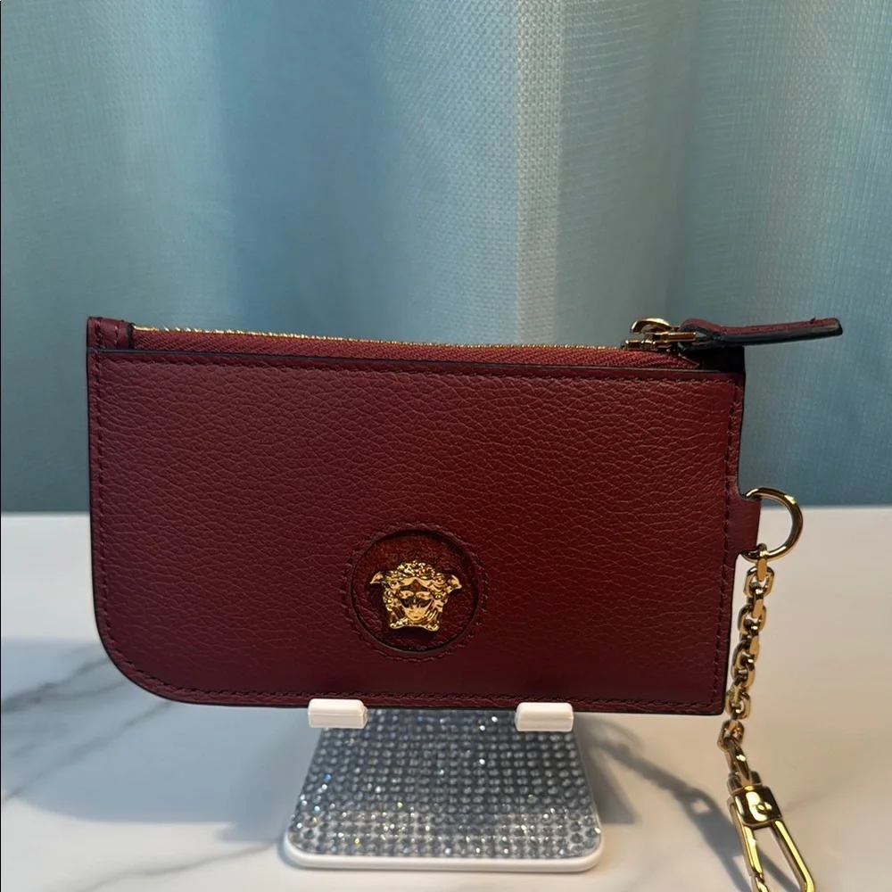 Versace Maroon Leather Card Holder with Gold Keychain Full Inclusion - Picture 2 of 6